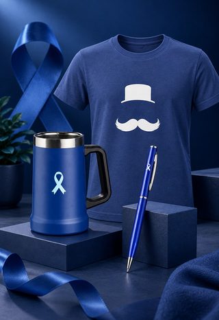 Caneca térmica, camiseta e caneta azuis personalizadas para o Novembro Azul