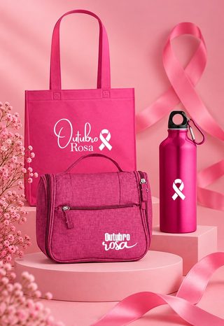 Sacola, nécessaire e garrafa rosa personalizadas com o laço do Outubro Rosa